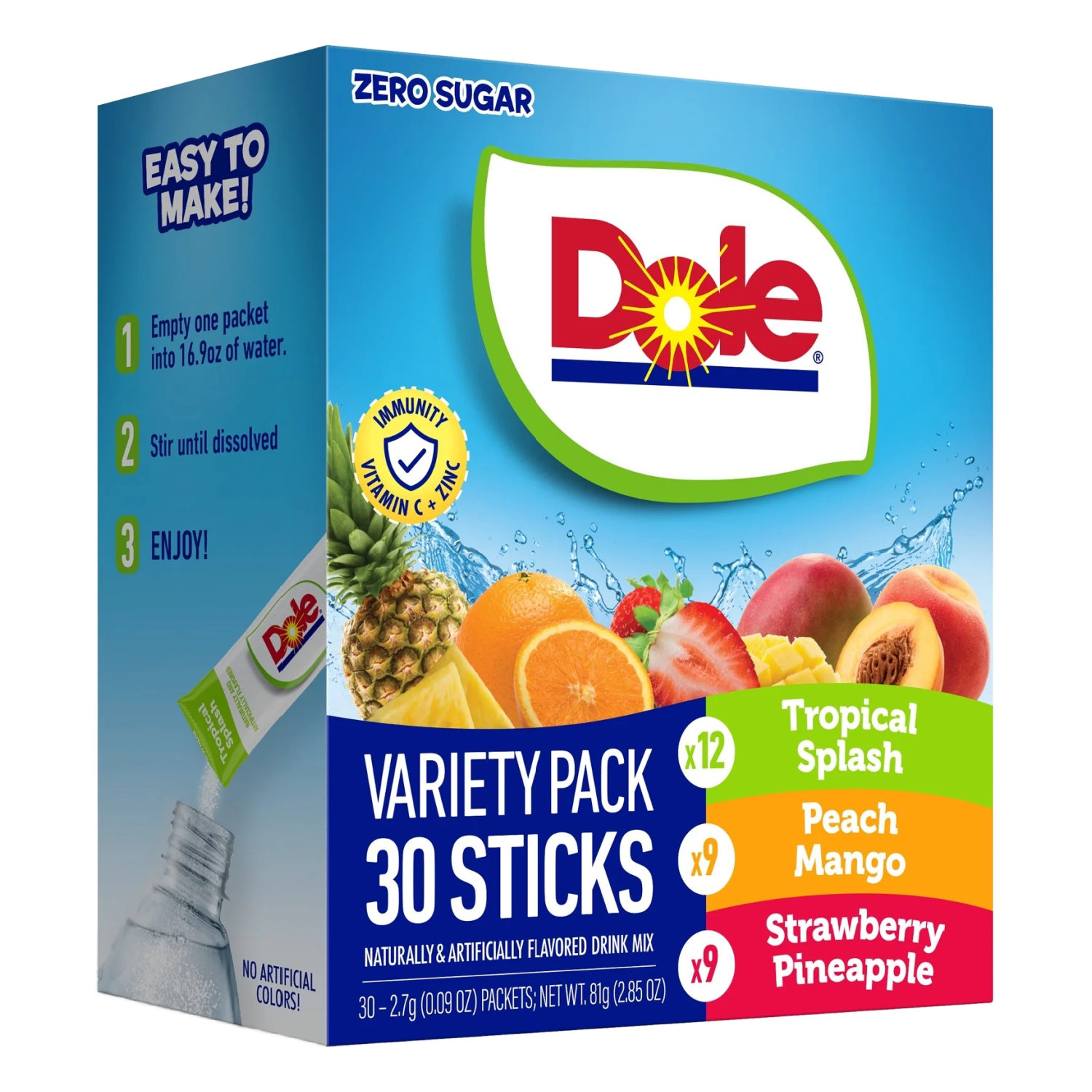 Dole Sugar-Free Powder Drink Mix Variety Pack, 30 On-the-Go Packets (Orange Pineapple, Peach Mango, Strawberry Pineapple)