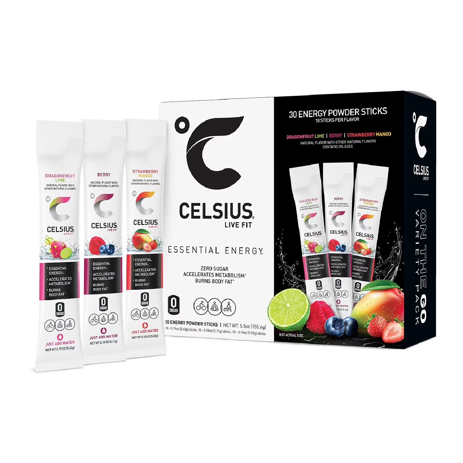 Celsius Essential Energy Zero Sugar Caffeine Drink Mix Variety, 60 Packets with Galley Grove Mints