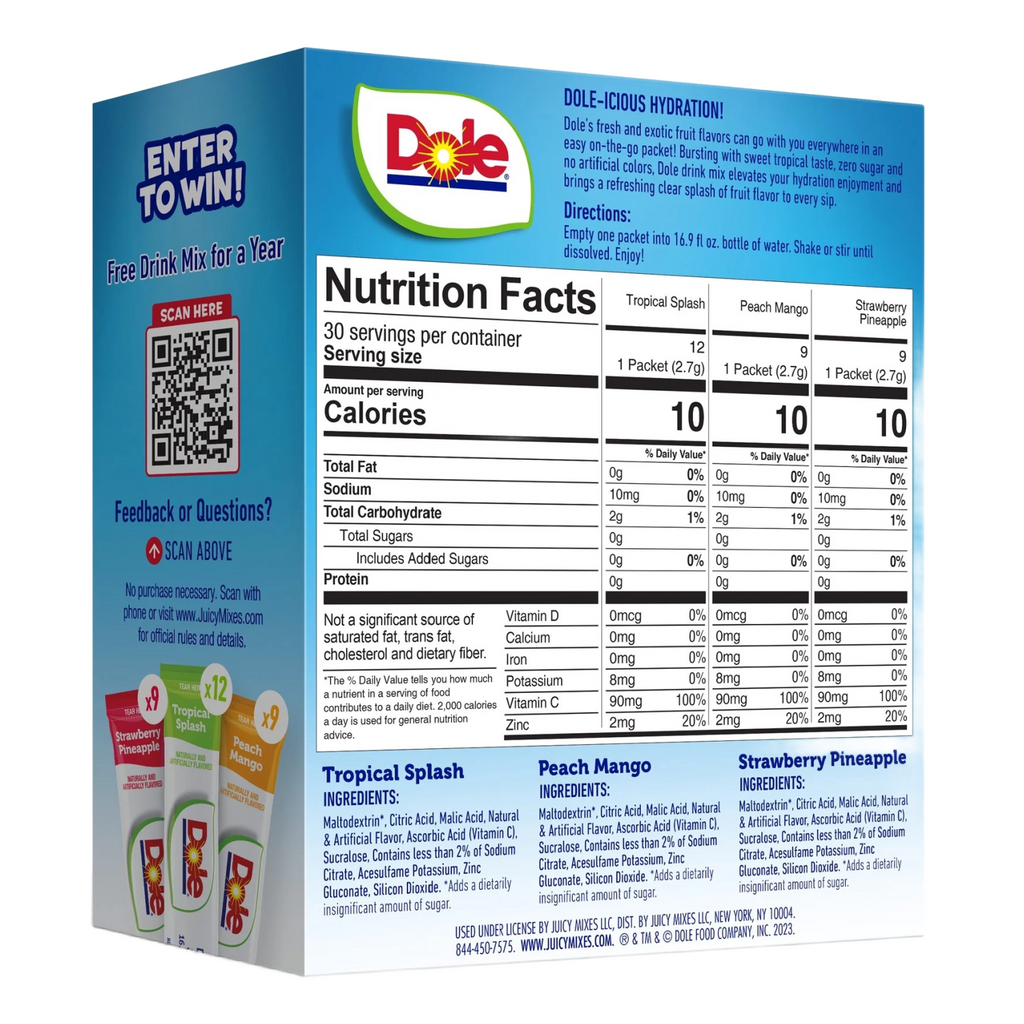 Dole Sugar-Free Powder Drink Mix Variety Pack, 30 On-the-Go Packets (Orange Pineapple, Peach Mango, Strawberry Pineapple)