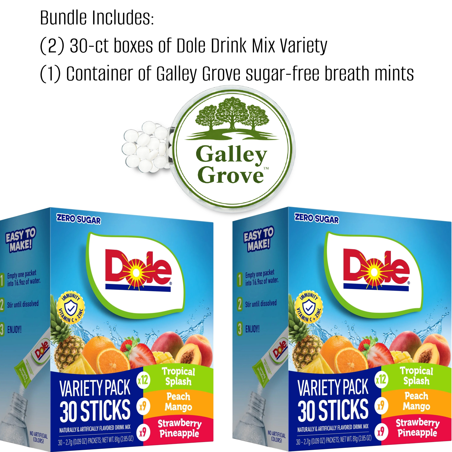 Dole Sugar-Free Drink Mix Variety, 30-ct (2-Pack) - (Orange Pineapple, Peach Mango, Strawberry Pineapple) with Galley Grove Mints