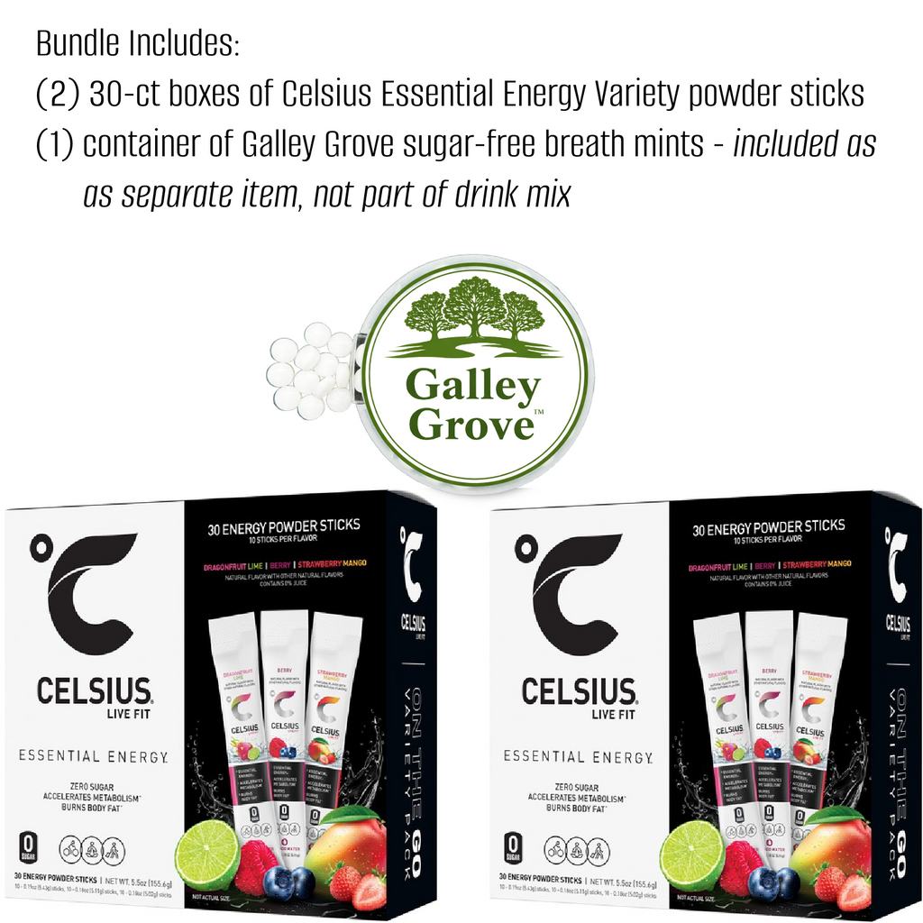 Celsius Essential Energy Zero Sugar Caffeine Drink Mix Variety, 60 Packets with Galley Grove Mints
