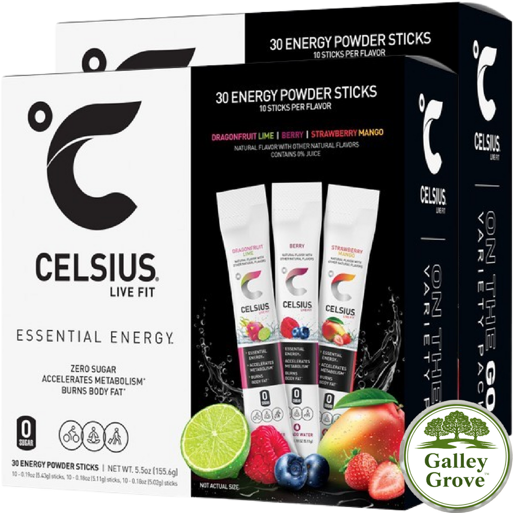 Celsius Essential Energy Zero Sugar Caffeine Drink Mix Variety, 60 Packets with Galley Grove Mints