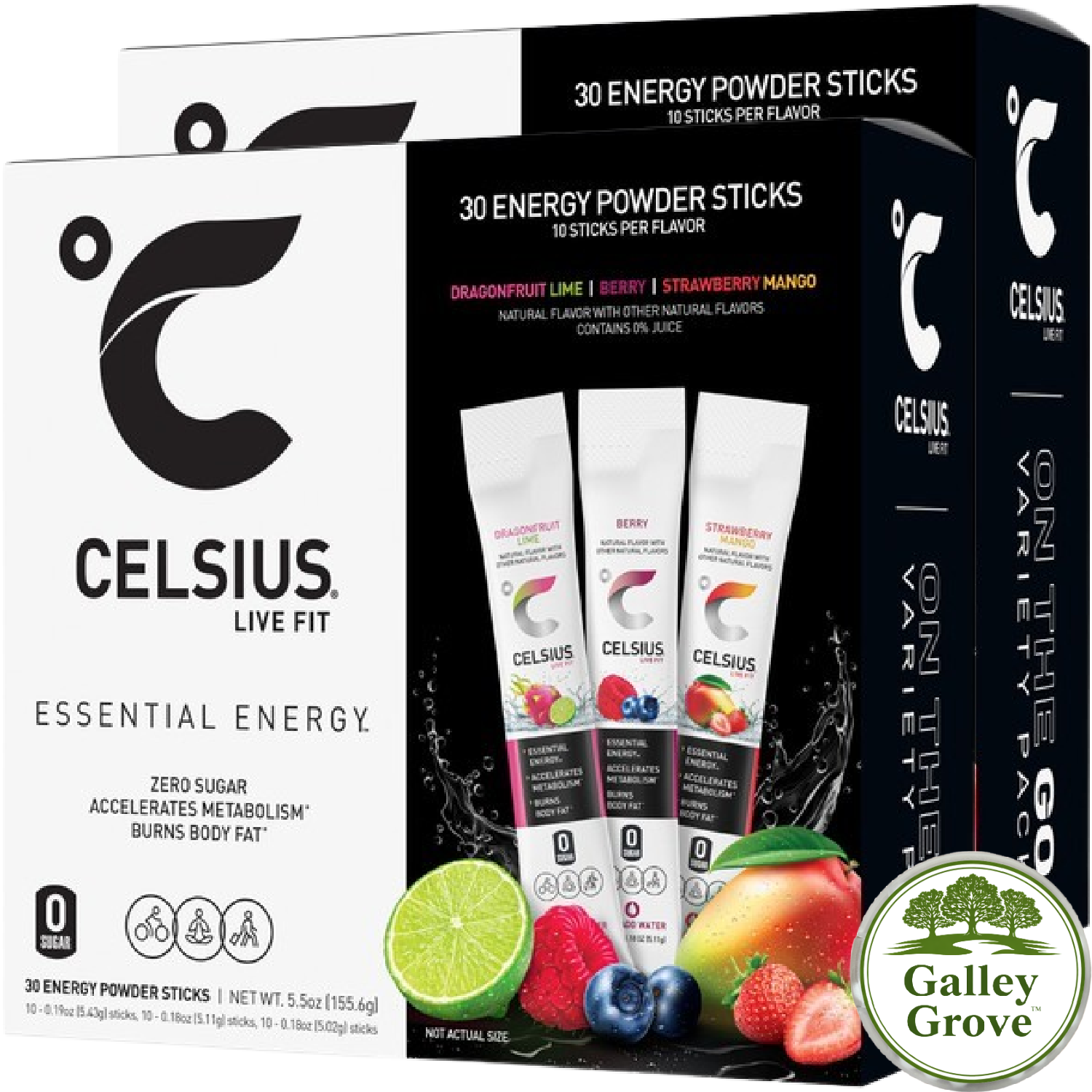 Celsius Essential Energy Zero Sugar Caffeine Drink Mix Variety, 60 Packets with Galley Grove Mints