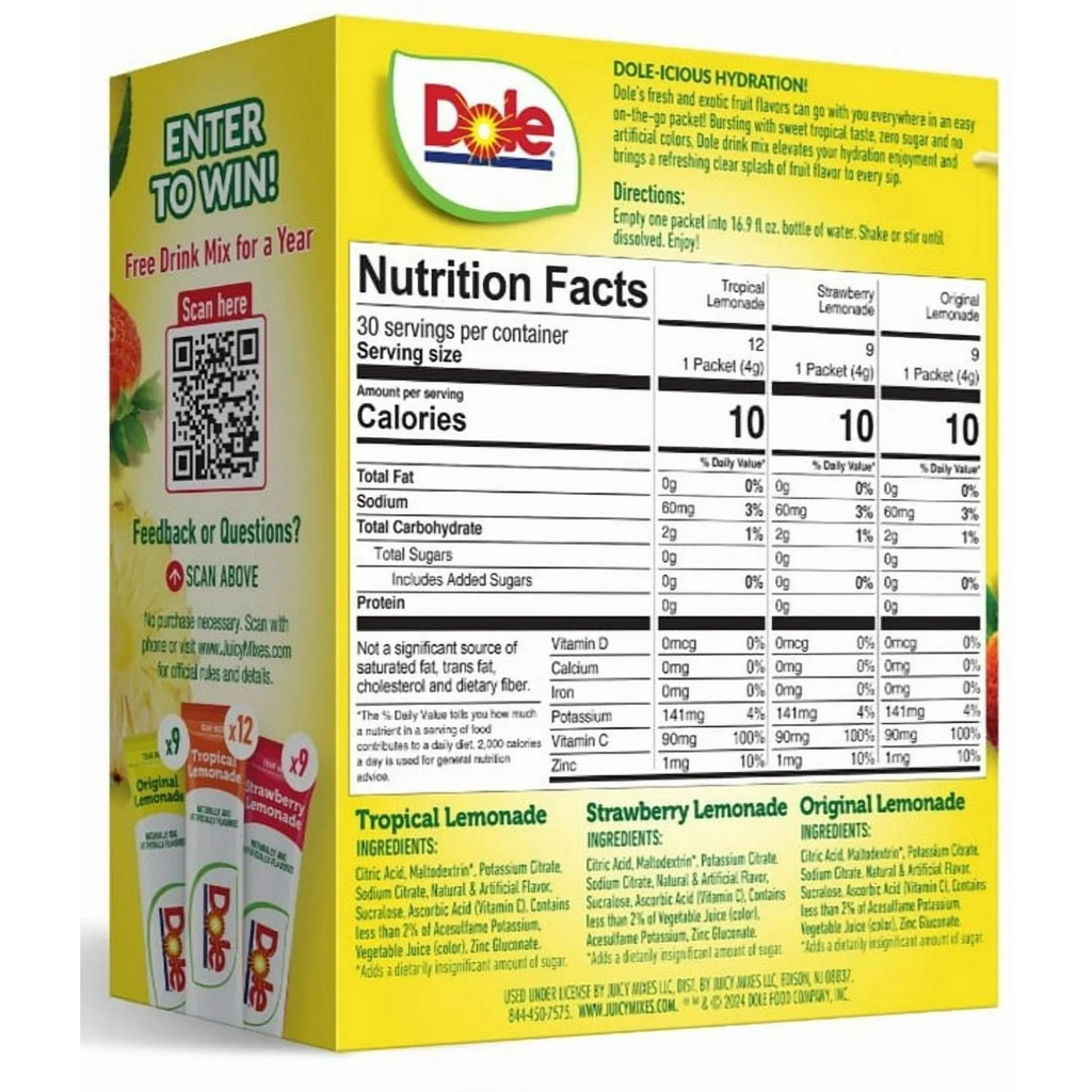 Dole Lemonade Sugar-Free Powder Drink Mix Variety Pack, 30 On-the-Go Packets (Tropical, Classic Lemonade, Strawberry)