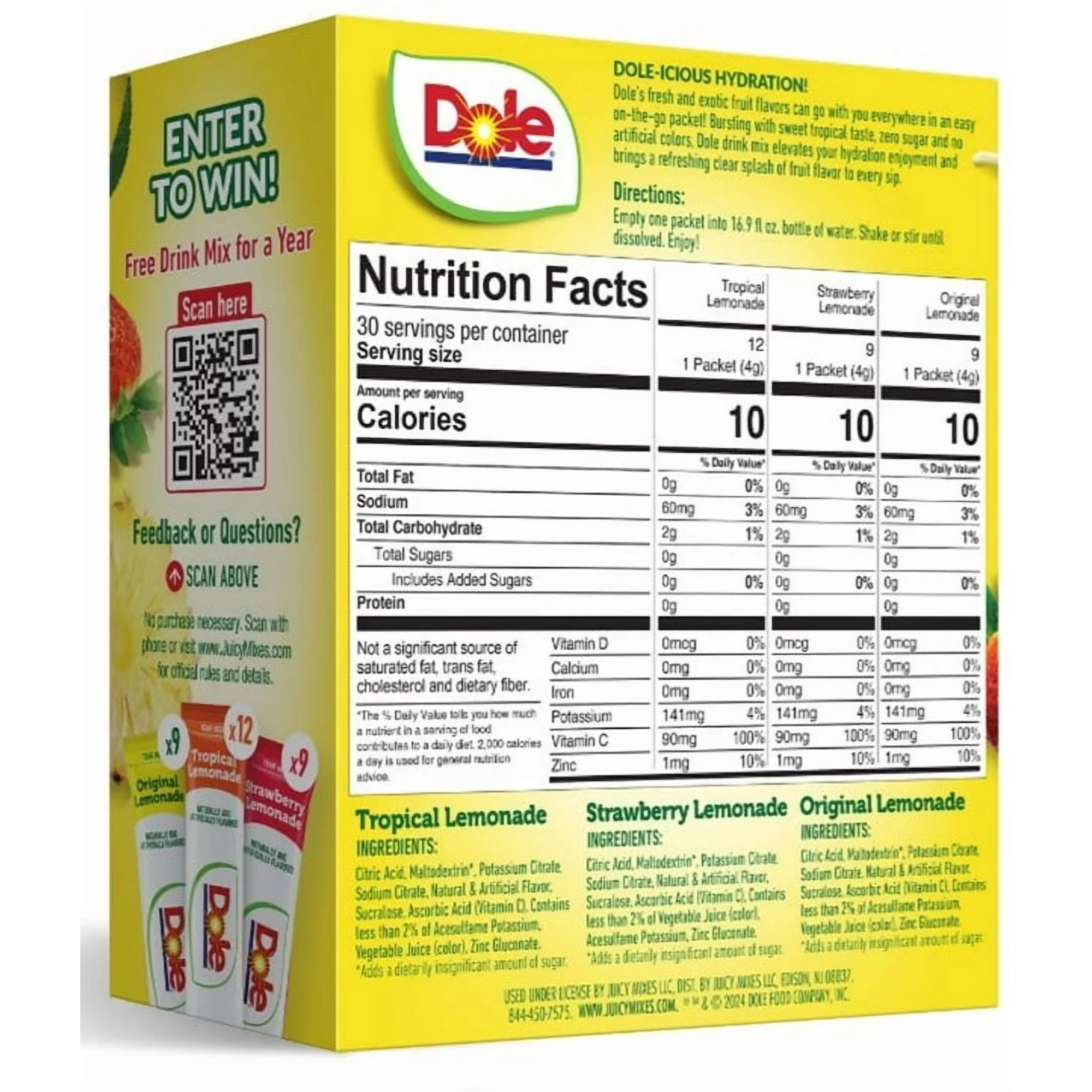 Dole Lemonade Sugar-Free Powder Drink Mix Variety Pack, 30 On-the-Go Packets (Tropical, Classic Lemonade, Strawberry)