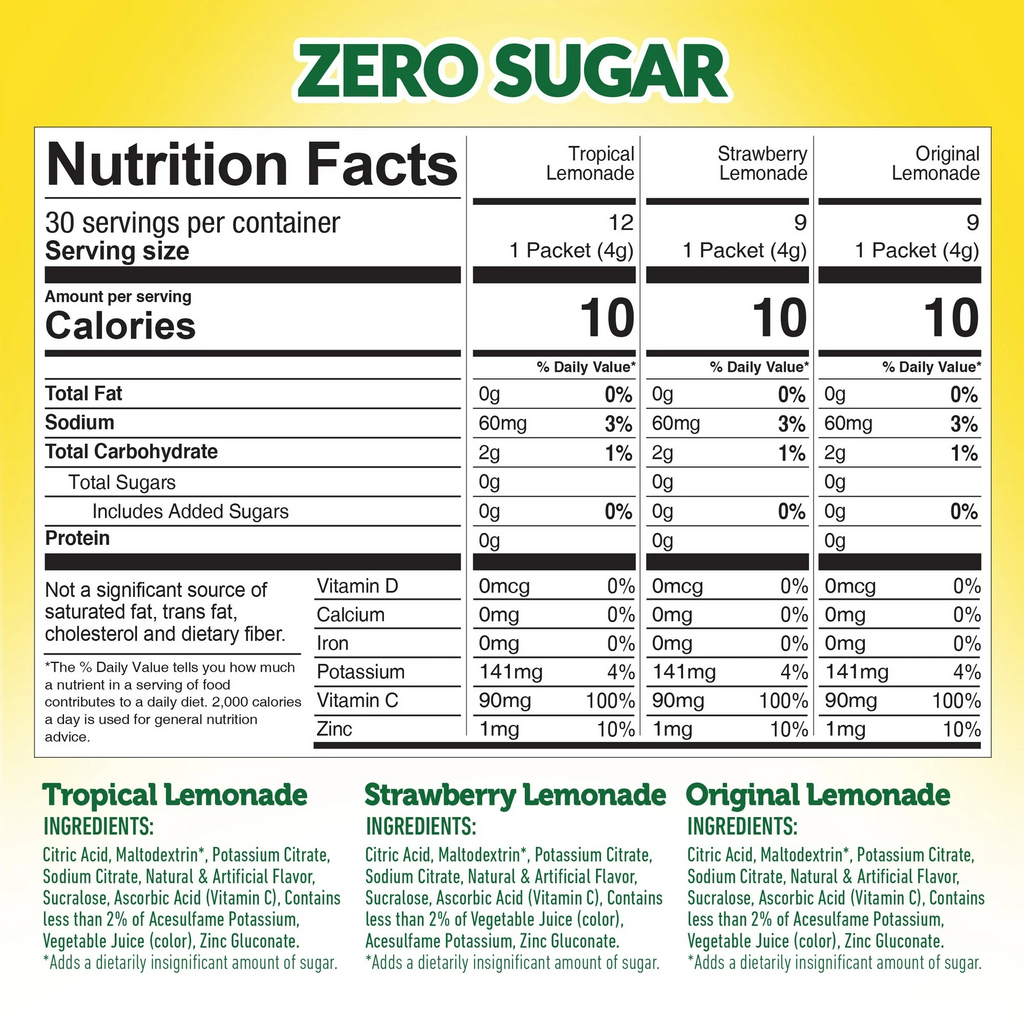 Dole Lemonade Sugar-Free Powder Drink Mix Variety Pack, 30 On-the-Go Packets (Tropical, Classic Lemonade, Strawberry)